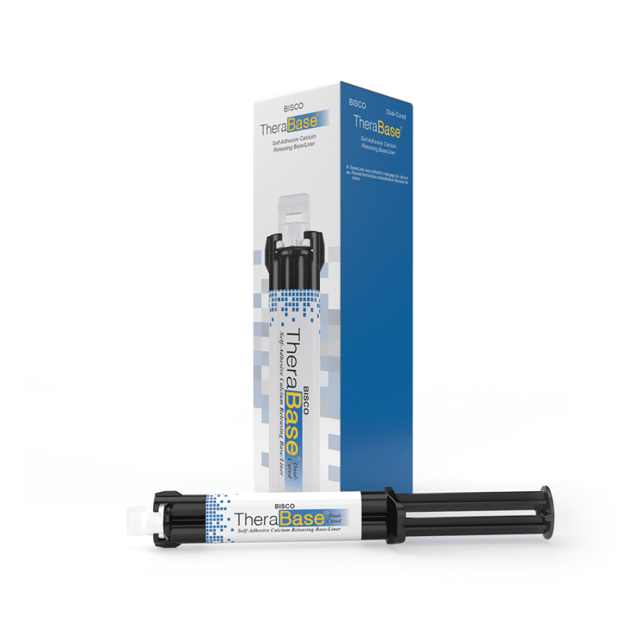 TheraBase® Base/Liner auto-adhésif, libérant du calcium et du fluor. Seringue mixte Dual-Cure de 8g.